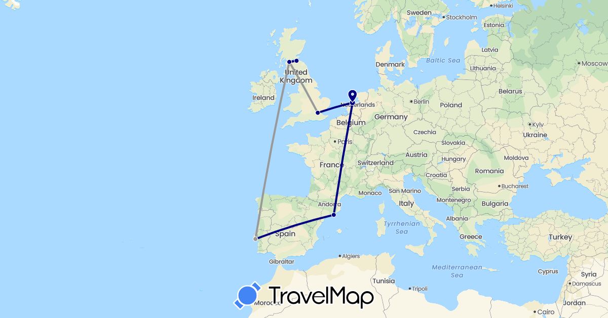 TravelMap itinerary: driving, plane in Spain, United Kingdom, Netherlands, Portugal (Europe)